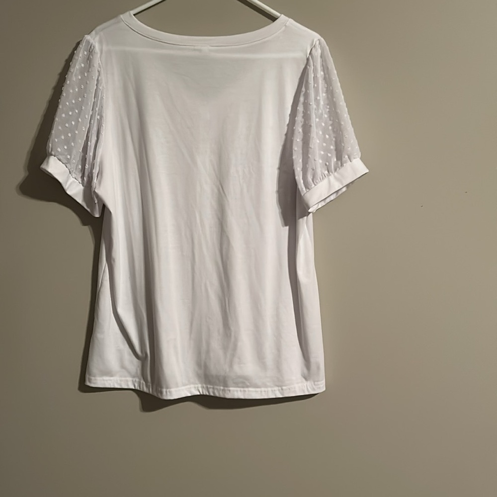 Elegant White Swiss Dot Puff Sleeve V Neck Top - Loose Casual Top - Picture 6 of 9
